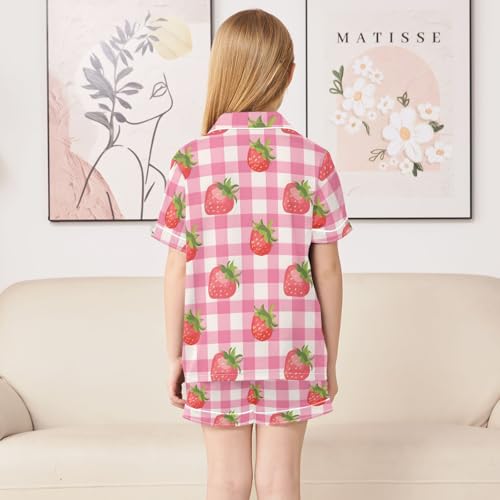 ALAZA Plaid Strawberry Satin Pajamas Set Short Sleeve Button Down Sleepwear Summer Pjs 2 Piece4