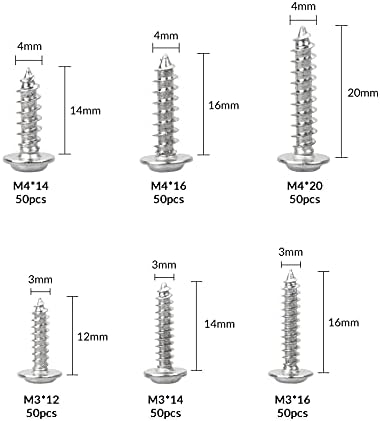 300 Pcs M3 M4 Phillips Pan Head with Washer Screws, Nickel Plated Self Tapping Screws Assortment Kit, Self-Drilling Wood Cross Groove Screws Set with Storage Box (6 Sizes)