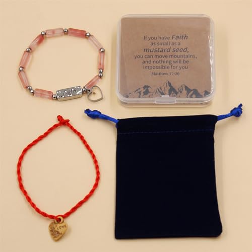 Image of Elastic Faith Bracelet for Women, Adjustable 7 inch Natural Stone Bracelet with Heart Mustard Seed Charm, Spiritual Christian Jewelry for Baptism, Graduation, Religious Celebration YA4856