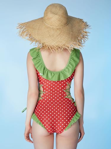 Strawberry Shortcake Officially Licensed Women's Retro Swimsuit: Vintage Strawberry & Polka Dots, Green Lace Trim3