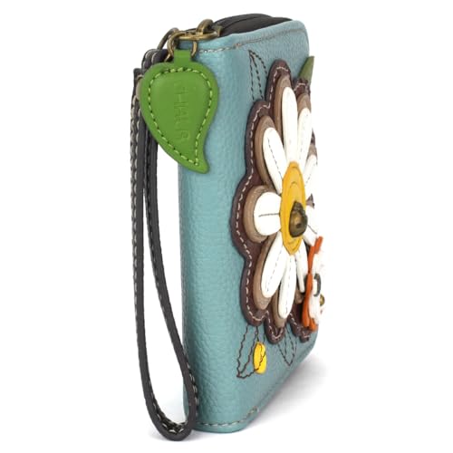 CHALA Zip Around Wallet, Wristlet, 8 Credit Card Slots, Sturdy Pu Leather - Daisy - blue3
