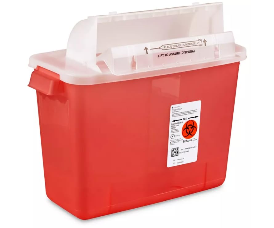 Red Medical Sharps Container for Biohardard Waste and Needle Disposal | for Home or Commercial Use, Professional Medical Grade | Auto Close Lid When Container is Full (2 Gallon)