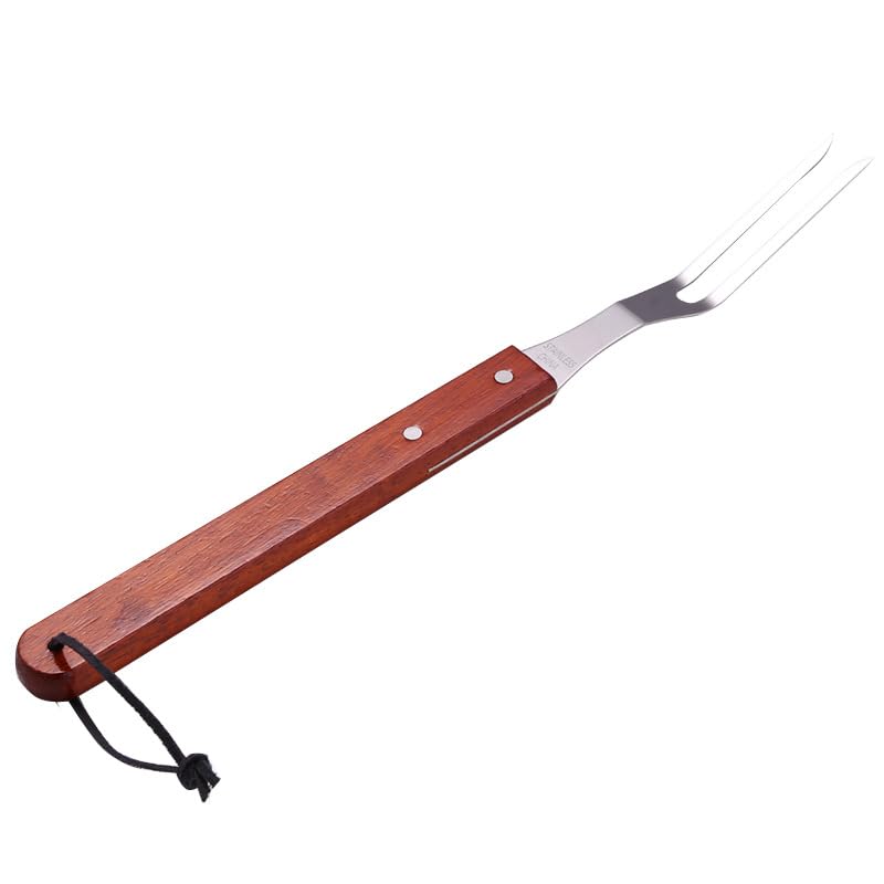 Forchetta da Carne in Acciaio Inossidabile, Forchetta da Portata in Acciaio Inossidabile con Manico in Legno, Forchetta da Cucina per Barbecue, Forchetta da Grill da Servizio, 38,5 cm