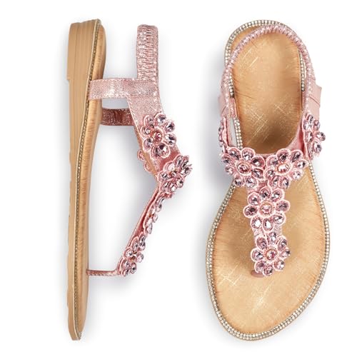Image of iCKER Women Flat Thong Sandals Rhinestone Sparkly Boho Elastic Ankle Strap | Elastic ankle strap,non‑slip,matches summer dresses,for vacation,wedding,evening and festival
