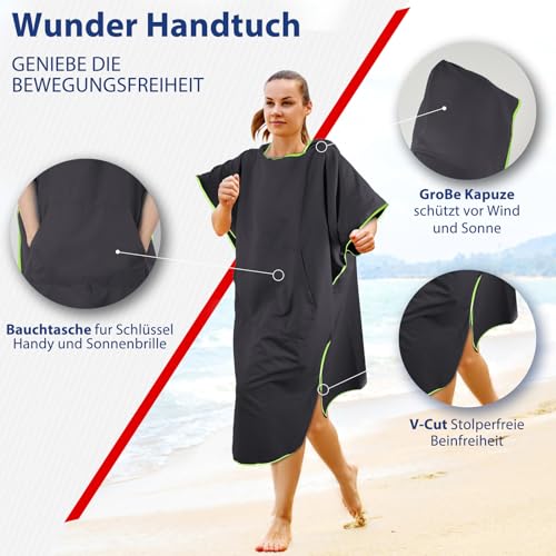 KUOGAS Badeponcho Damen& Herren,Poncho Handtuch,Mikrofaser-Surf Poncho, Badeponcho Handtuch, aus Mikrofaser auch als Umkleidehilfe Strand (Dunkelgrau,L)