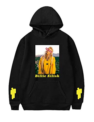 Sudadera Billie Eilish Niña, Sudadera Billie Eilish Mujer con Capucha Unisex Hombre Niños Billie Eilish Deporte Casual Sudadera Impresión Suéter Jersey Series de Television Regalos (Negro-A,S)