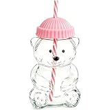 Glass Bear Cup, Bear Straw Cup, Glass Cups with Lids and Straws,Cute Mugs Bear Sippy Cups Coffee Beer Wine Cocktail Drinks Glassware for Christmas Gift,20 oz (pink)