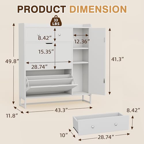 JUMMICO Wooden Shoe Storage Cabinet, Freestanding Shoe Cabinet with 2 Flip Drawer & Door, Hidden Shoe Organizer for Entryway, Hallway & Living Room, White by JUMMICO - Image 7