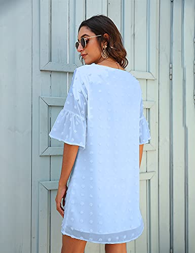 Image of Blooming Jelly Womens White Dresses Short Sleeve V Neck Ruffle Cute Sun Dress Chiffon Flowy Shift Mini Dress