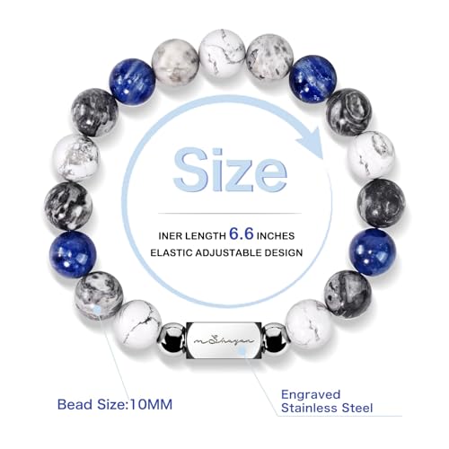 Howlite Natural Gemstone Bracelet for Men, Map Gemstone and Blue Vein Gemstone for Teens Gifts, 10MM Men's Elastic Adjustable Beaded Bracelets for Men, Handcrafted Gifts For Anniversary,Christmas.2