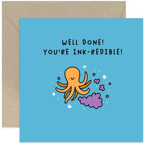 Old English Co. Funny Well Done Cards for Boys and Girls - Octopus 'Inkredible' Cute Pun Congratulations Card for Him or Her - Adult Teenager Child Well Done Card - Exams, GCSEs, A Levels, Graduation