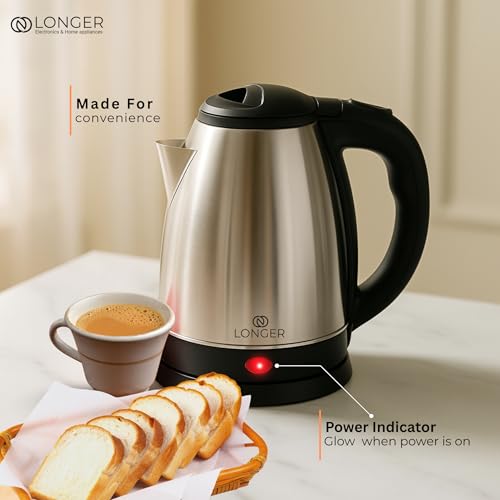 Image of Longer Electric Kettle 1.8L,1500W Fast Boil Stainless Steel with Auto Shut-Off, Dry Boil Protection, Wide Mouth, Cool-Touch Handle & Lid Lock, Hot Water for Tea, Coffee, Noodles - Home & Office
