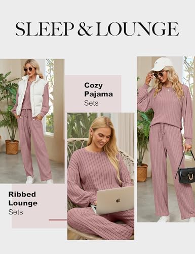 Image of Blooming Jelly Women Ribbed Long Sleeve Pajama Sets Fall Loungewear Pockets