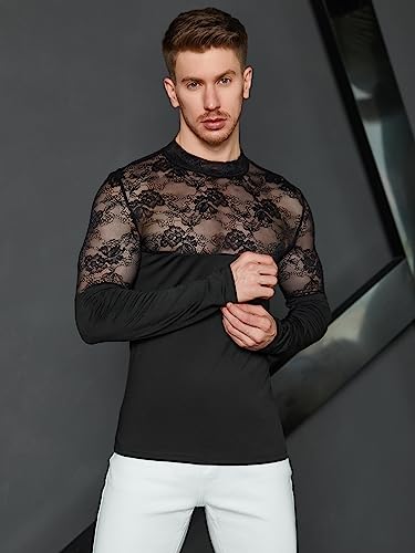 WDIRARA Men's See Through Floral Lace Mock Neck Long Sleeve Casual Tee Shirt Top4