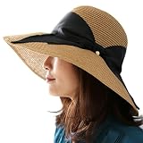 [DreamHats] [ドリームハッツ] 帽子 レディース 麦わら帽子 春 夏 折りたたみ 洗える UVカット 紫外線 旅行 プレゼント (JP, アルファベット, L, ライトブラウン×ブラック)