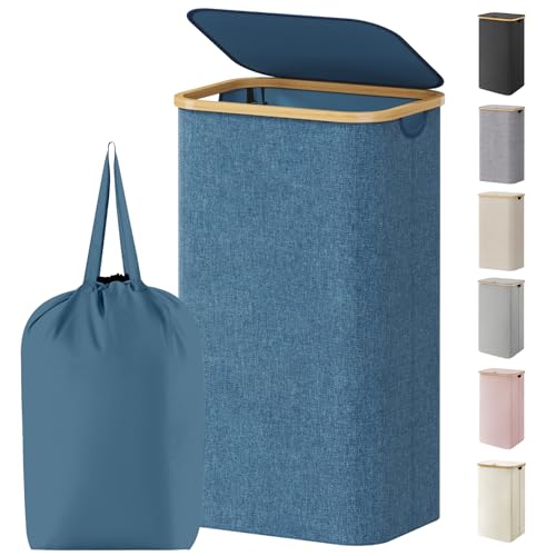 Image of Lifewit 100L Laundry Basket with Lid, Clothes Hampers for Laundry with Bamboo Handles and 1 Removable Bag, Large Foldable Laundry Hamper for Bedroom, Bathroom, Dorm, Laundry Room, Dark Blue