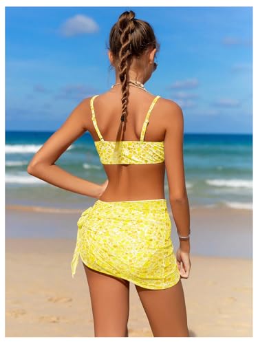 Image of OYOANGLE Girl's 3 Piece Bikini Sets Floral Print Spaghetti Straps Cute Swimsuits with Beach Skirt Bathing Suits