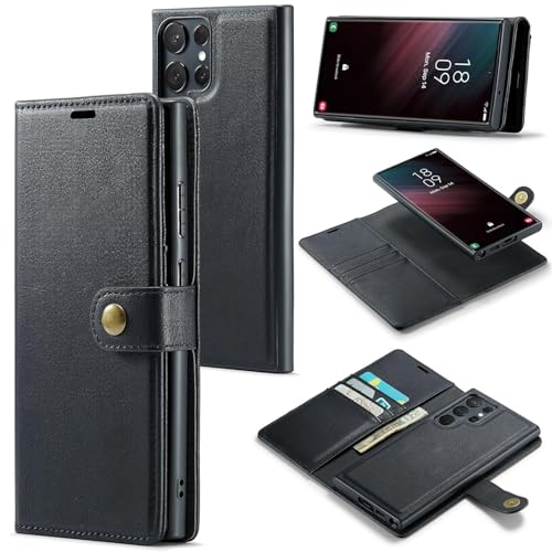Image of Scalebee BackCover for Samsung Galaxy S23 Ultra Magnetic Detachable 2 in 1 Split Leather Wallet Phone Cover,Genuine Leather Wallet Case,Magnetic Pouch Shell (Black)