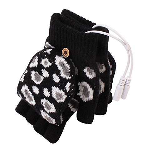 FengCheng Unisex Women's & Men's USB Heated Gloves Mitten Winter Hands Warm Laptop Gloves, Full & Half Heated Fingerless Heating Knitting Hands Warmer Washable Design (Black)