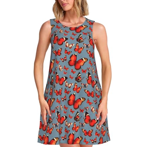 Robe d'été papillon rouge sans manches décontractée pour femme