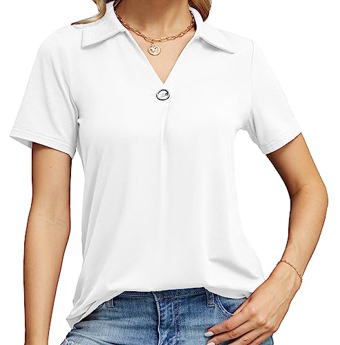 QIXING Womens Summer Tops Short Sleeve Blouses Casual V Neck Johnny Collar Shirt Button Downs Ladies Tunics for Women UK (C05 White, XL) - Image 3