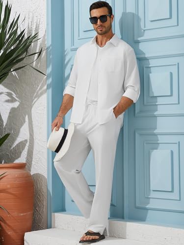 WEEN CHARM Mens Shirts Casual 2 Piece Long Sleeve Button Down Cuban Shirt and Pants Set Summer Beach Outfits4