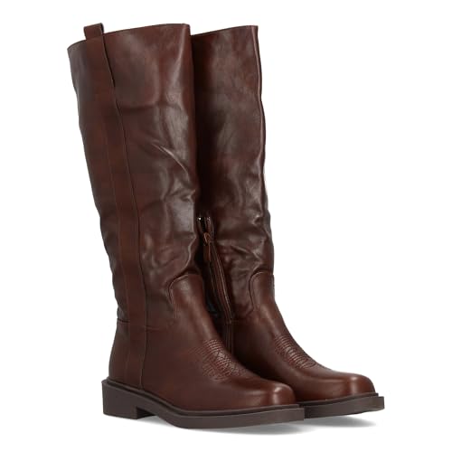 shoes&blues.es 97347 Bota Alta para Mujer Cowboy con Detalle de Bordado Frontal, Paneles Elasticos y Suela Plana. Ideal Temporada Otono Invierno. Cafe Talla 39