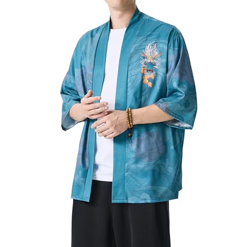 Image of PRIJOUHE Men's Japanese Kimono Cardigan Jackets Casual Long Sleeve Open Front Coat Lightweight Yukata Outwear