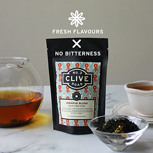 Image of Clive Road Earl Grey Tea - 60+ Cups, Premium Tea Tin, 100% Natural Bergamot, Orange & Cornflower Petals, Delicious Citrusy & Earthy Flavour, Brew as Hot or Iced, 125 g (Jodhpur Pouch-50g)