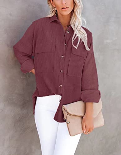 Zolucky Womens Corduroy Jacket Oversized Button Down Long Sleeve Pink Shacket Fall Shacket For Women, Jujube Medium #TOP1