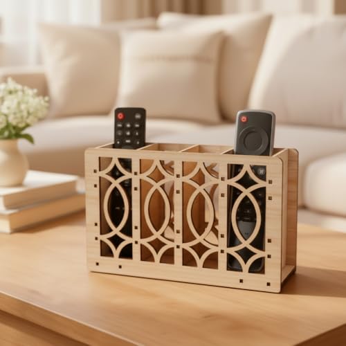 Image of Wooden Remote Organizer - TV Remote Holder Stand with 4 Compartments Decorative Remote Control Holder for Table, Living Room & Office