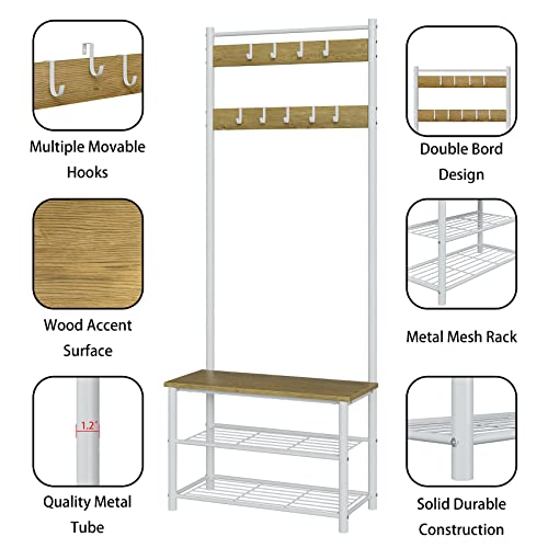 Aepoalua Hall Tree With Bench And Shoe Storage, 3-In-1 Coat Rack Shoe Bench, Freestanding Wooden Coat Rack With Shoe Bench With Metal Frame, 3-Tier Storage Shelf And 9 Removable Hooks, White/Walnut #TOP7