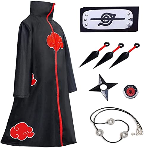 ELizoop Akatsuki Itachi Umhang Anime Cosplay Kostüm, 8 Stück Uchiha Itachi Kragen Umhang Stirnband Halskette Metallring und Spielzeug, Halloween Cape Umhänge für Erwachsene und Kinder (XXS) Cover