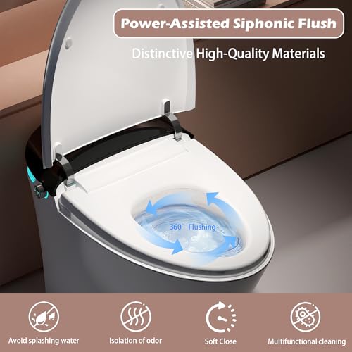 Image of WinZo Smart Toilet With Bidet, ADAOne-Piece Elongated, Auto Open /Close & Flush, Heated Seat, Front & Rear Wash, LED Display, Night Light, 12-inch Rough-in, White, Ceramic (Black)