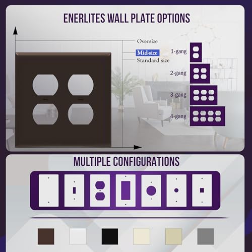 Image of ENERLITES Duplex Receptacle Outlet Wall Plate, Midway Size 2-Gang 4.88 inch x 4.92 inch, Unbreakable Polycarbonate Thermoplastic, UL Listed, 8822M-BR, Brown