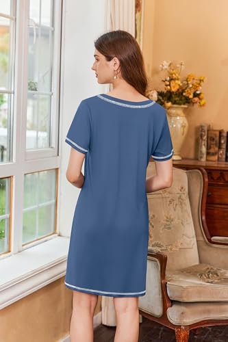 Image of Ekouaer Nightgowns for Women Short Sleeve Sleep Shirts V Neck Nightshirts Soft Sleepshirt Caual T Shirt Sleepdress Navy