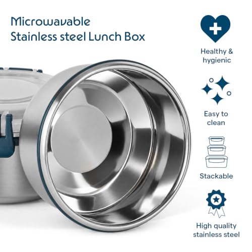 Image of Borosil Stainless Steel Lunch Box with Bag for Office Men & Women, Set of 3
