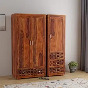 EBANSAL Solid Sheesham Wood 3 Door Wardrobe with 4 Drawers Storage for Bedroom |Rosewood, Natural Honey Finish