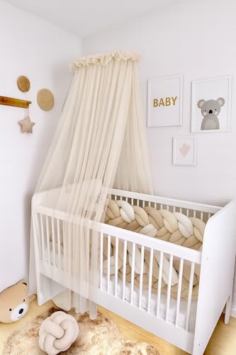 Baby Fancyroom Ciel de lit pour lit de bébé - 300 x 180 cm - Tulle fin - Fabriqué à la main - Élégant volant - Disponible en beige, bleu, vieux rose, écru (beige)