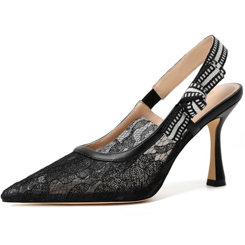 RIBONGZ Women Slingback High Kitten Heel Shoes Closed Pointed Toe Dress Pumps Slip on Lace Mesh Comfort Black Stiletto Heels Braided Bowknot Work Wedding Shoes Size 9