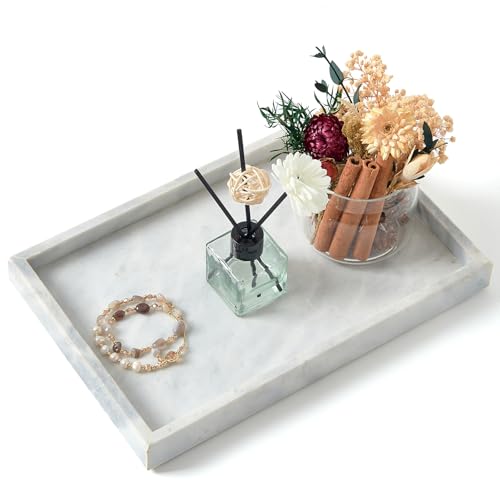 Image of Marble Bathroom Tray,Pure Natural Marble Vanity Tray,Marble Tray for Kitchen Counter Non-Ceramic /Non-Resin,Stone Tray 12 x 8 inch (White)