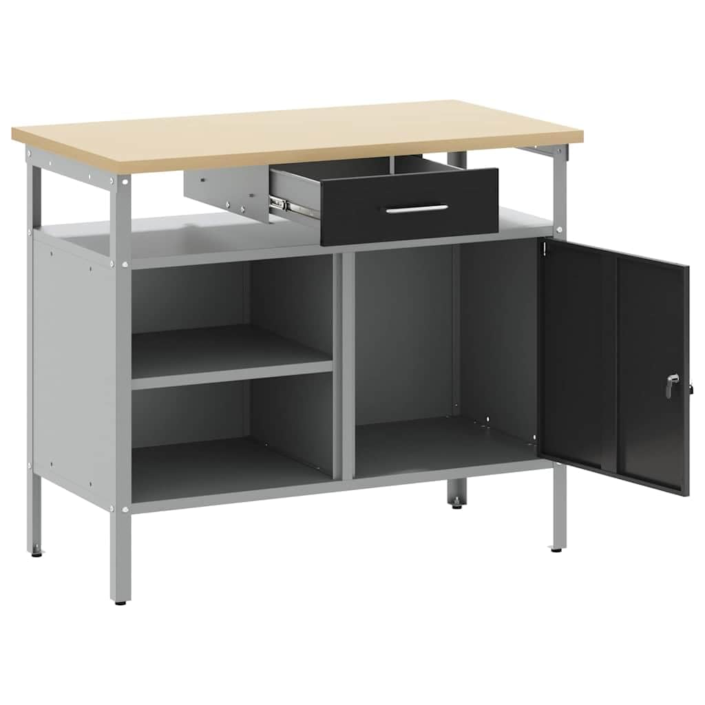 vidaXL Banco da lavoro con cassetto Nero e Grigio 100 x 55 x 85 cm, Tavolo da lavoro, banco industriale, spazio riparazione, deposito attrezzi, officina multiuso