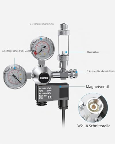NICREW Außen CO2-Regler für Aquarien, Druckminderer für bepflanztes Aquarium, Doppelmanometer mit Magnetventil, Blasenzähler, Schnittstelle W21,8