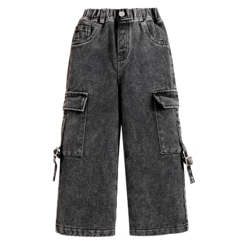 Toddler Girl Jeans, Elastic Band Wide-Leg Cargo Jeans with Utility Pockets - Girls Denim Pants (3-7T)