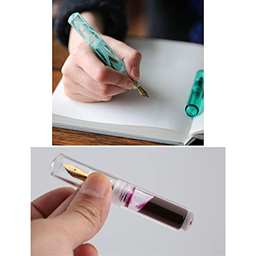 Sipliv Mini Resin Acrylic Fountain Pen Fine Nib Travel Pocket Pen, Writing Pen Case Set Eyedropper Ink Bottle Filling With 6 Black Cartridges Set - Transparent Green Swirls Pattern #TOP6