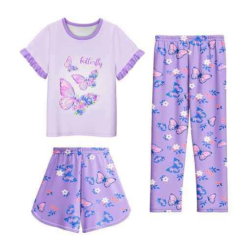 LQSZ Girls Pajamas Set 3 Piece Lounge Short Sleeve Sleepwear Summer Kids PJs Set for 3-10 Years