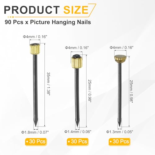 Image of uxcell 90Pcs Picture Hanging Nails, 3 Sizes Iron Decorative Hangers Reusable Hardware Tool for Hanging Pictures Mirrors Baskets, Gold & Black