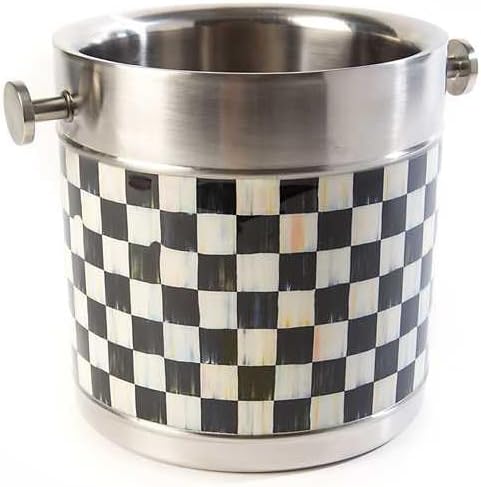 MACKENZIE-CHILDS 3260 Ice Bucket, Decorative Stainless-Steel Bucket and Ice-Cube Bin, Black-and-White Courtly Check