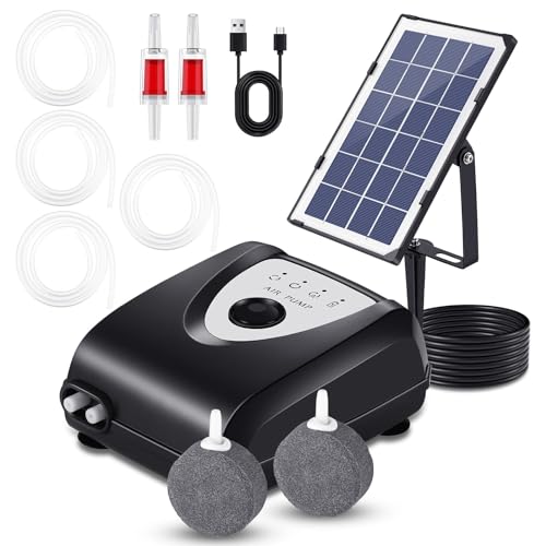 Ulsam Solar Pond Aerator with 2 Air Bubble Stones, Solar Pond Oxygen Pump 3 Modes Solar Powered Pond Aerator for Garden Fish Tank Outdoor Pool Pond