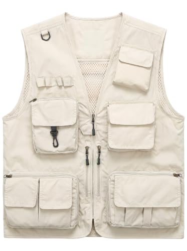 TWENPHYO Mens Lightweight Safari Travel Fishing Photography Outdoor Work Cargo Vest with Pockets(White,L)